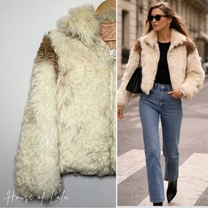 Vintage Faux Shearling Jacket Cream & Brown 90s Cropped Street Style Cozy Winter